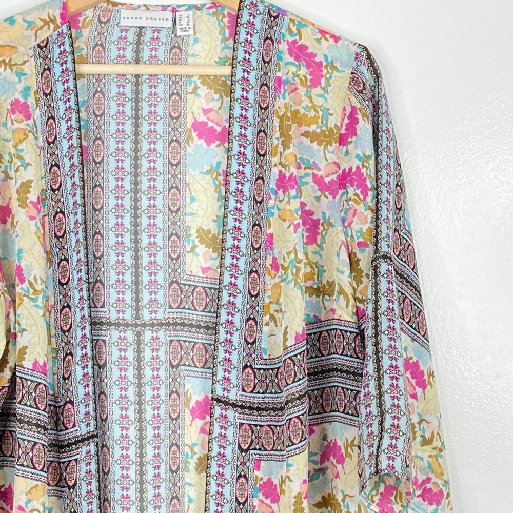 SUSAN GRAVER printed sheer woven cardigan Large - Picture 4 of 6